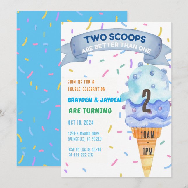 Ice Cream Twillingars Boys Girls Two Scoops Birthd Inbjudningar (Fram/baksida)