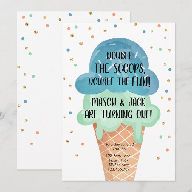 Ice Cream Twin Birthday Blue Mint Cone Confetti Inbjudningar (Fram/baksida)