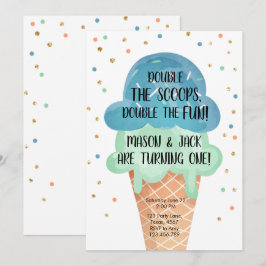 Ice Cream Twin Birthday Blue Mint Cone Confetti Inbjudningar
