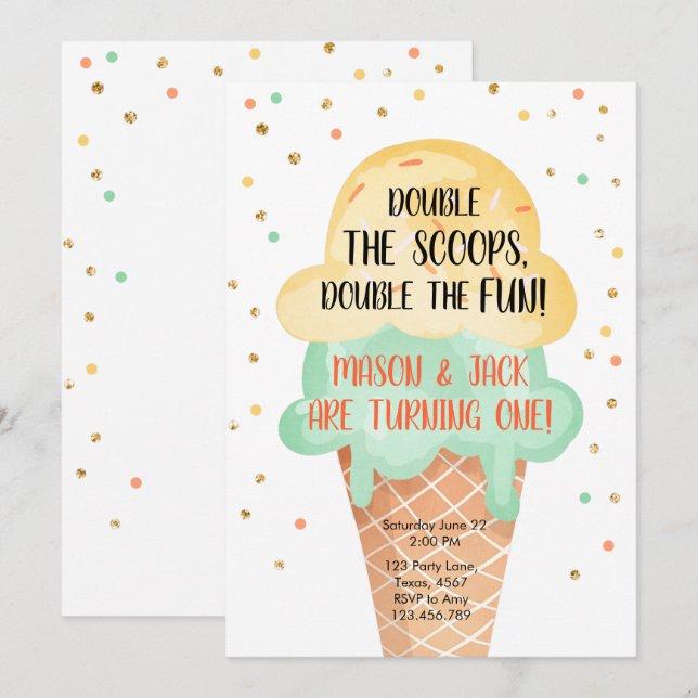 Ice Cream Twin Birthday Gult Mint Cone Confetti Inbjudningar (Fram/baksida)