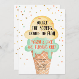 Ice Cream Twin Birthday Gult Mint Cone Confetti Inbjudningar