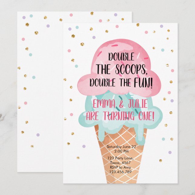 Ice Cream Twin Birthday Rosa Mint Cone Confetti Inbjudningar (Fram/baksida)