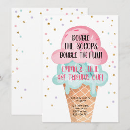 Ice Cream Twin Birthday Rosa Mint Cone Confetti Inbjudningar