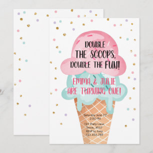 Ice Cream Twin Birthday Rosa Mint Cone Confetti Inbjudningar