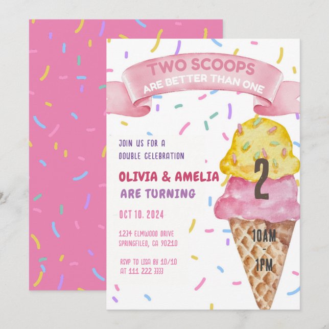 Ice Cream Twin Girls Two Scoops Birthday Inbjudningar (Fram/baksida)