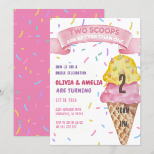 Ice Cream Twin Girls Two Scoops Birthday Inbjudningar
