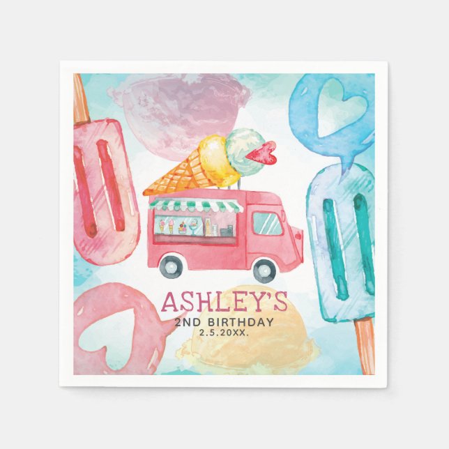 Ice Cream Watercolor Birthday Pappersservett (Framsidan)