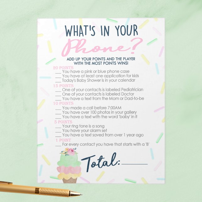 Ice Cream What's in Your Mobil Möhippa Game Anteckningsblock (What's In Your Phone Ice Cream Baby Shower Game Pack of 40 Answer Sheets)