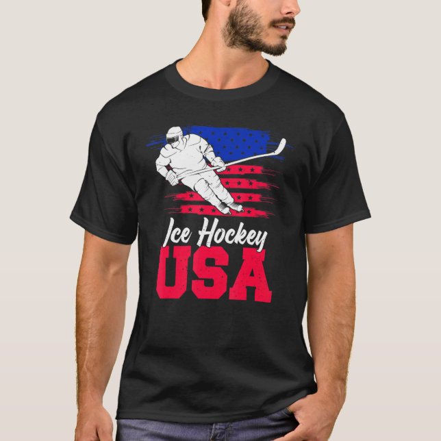 Ice Hockey American Flagga USA flagga Support Team T Shirt (Framsida)