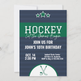 Ice Hockey Birthday Blue Grönt Rand Inbjudningar