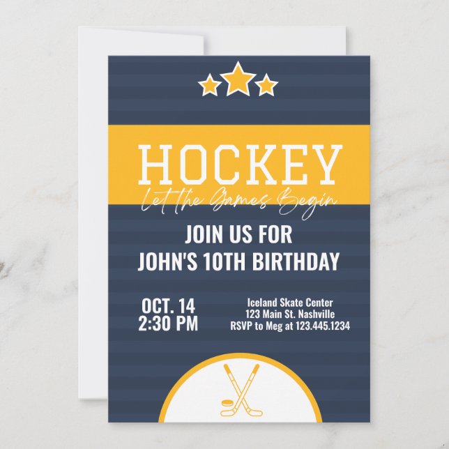 Ice Hockey Birthday Blue Gult Rand Inbjudningar (Framsida)