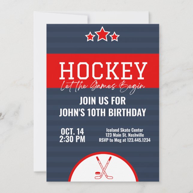 Ice Hockey Birthday Blue Red Rand Inbjudningar (Framsida)