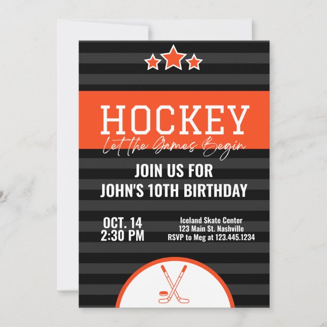 Ice Hockey Birthday Orange Black Rand Inbjudningar (Framsida)
