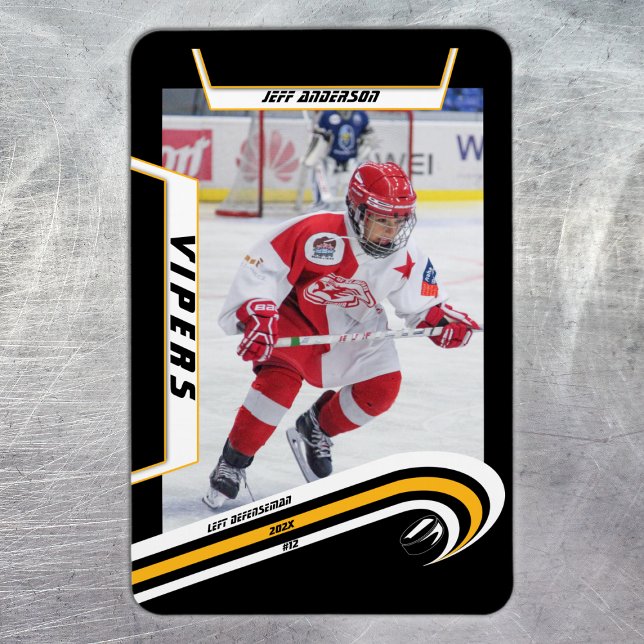 Ice Hockey Player Keepsaké on Liely Gult Black Magnet (Ice Hockey: Stand out with this yellow jersey magnet featuring customizable player image, logo!)