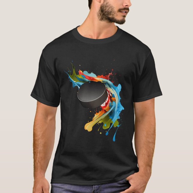Ice Hockey Player Puck Abstract Splash Painting T Shirt (Framsida)