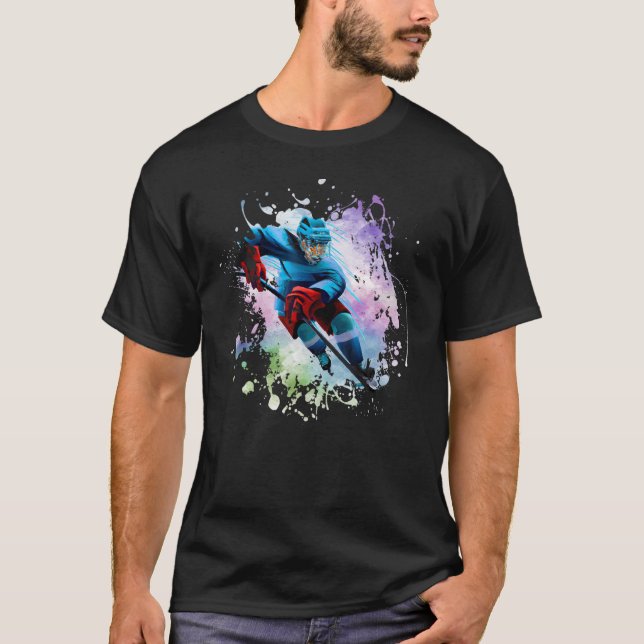 Ice Hockey Player Sport Modern Splash Splatter T Shirt (Framsida)
