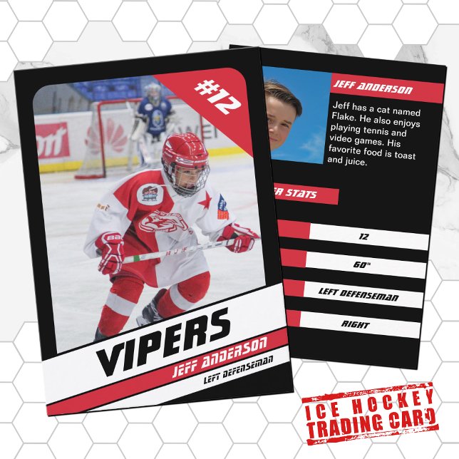 Ice Hockey Trading Card i Vibrant Red Black (Proudly share youre kids' achievements with this red white card)