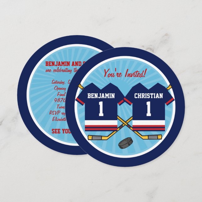 Ice Hockey Twillingar Jersey 1:a födelsedagen Part Inbjudningar (Fram/baksida)