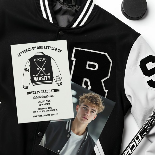 Ice Hockey Varsity Jacka Studentfest Inbjudningar (Hockey Graduation Party Invitation)