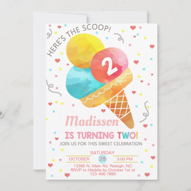 Ice kräm här är scoop-tjejen 2:a födelsedag. inbjudningar (Framsida)