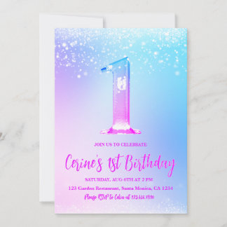 Ice number white glitter Girl First Birthday Inbjudningar