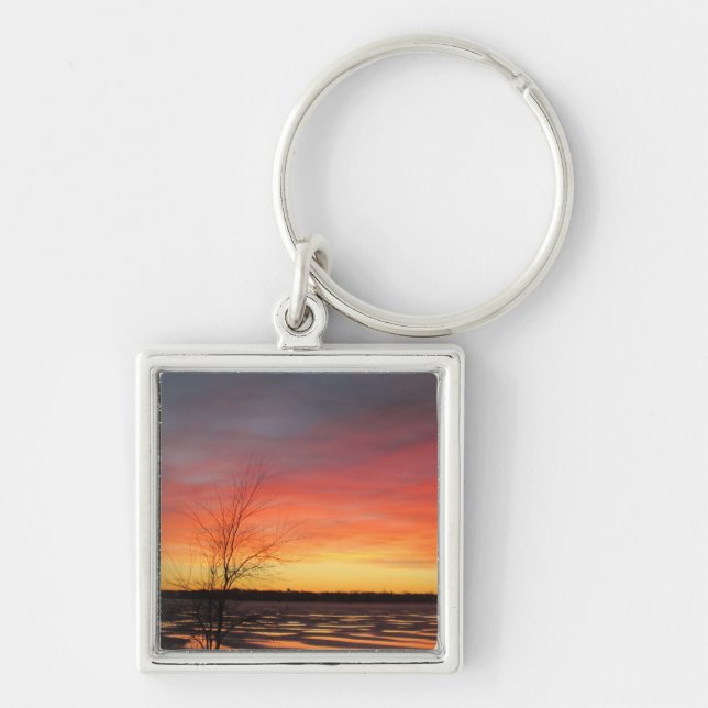 Ice Sjö Sunset Keychain Fyrkantig Silverfärgad Nyckelring (Framsidan)