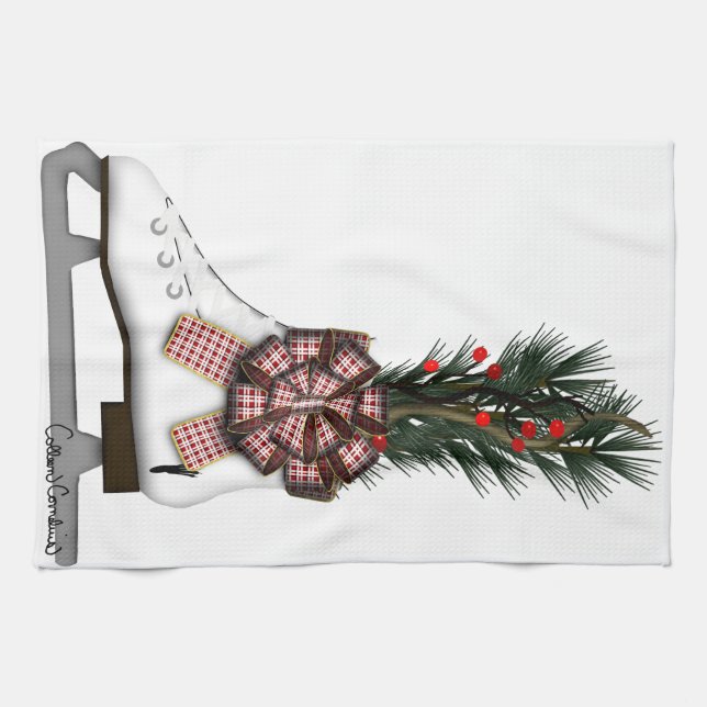 Ice Skate God Dekoration med Tartan Bow Kökshandduk (Horisontell)