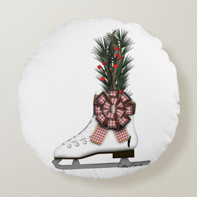 Ice Skate God Dekoration med Tartan Bow Rund Kudde (Framsidan)