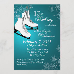 Ice Skates and Snöflingor Teal Birthday Inbjudningar