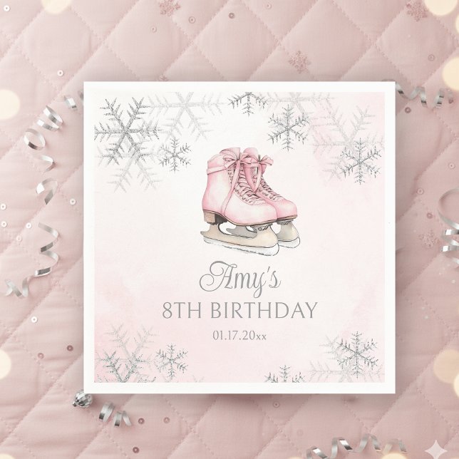 Ice Skates Girl Birthday Pink Bow Silver Snowflake Pappersservett (Skapare uppladdad)