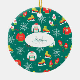 Ice Skates Snöflingor Teal Monogram jul Julgransprydnad Keramik