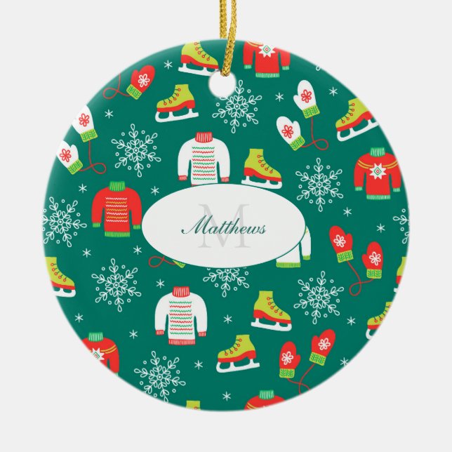 Ice Skates Snöflingor Teal Monogram jul Julgransprydnad Keramik (Framsidan)