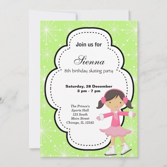 Ice Skating Birthday (Grönt) Inbjudningar (Framsida)