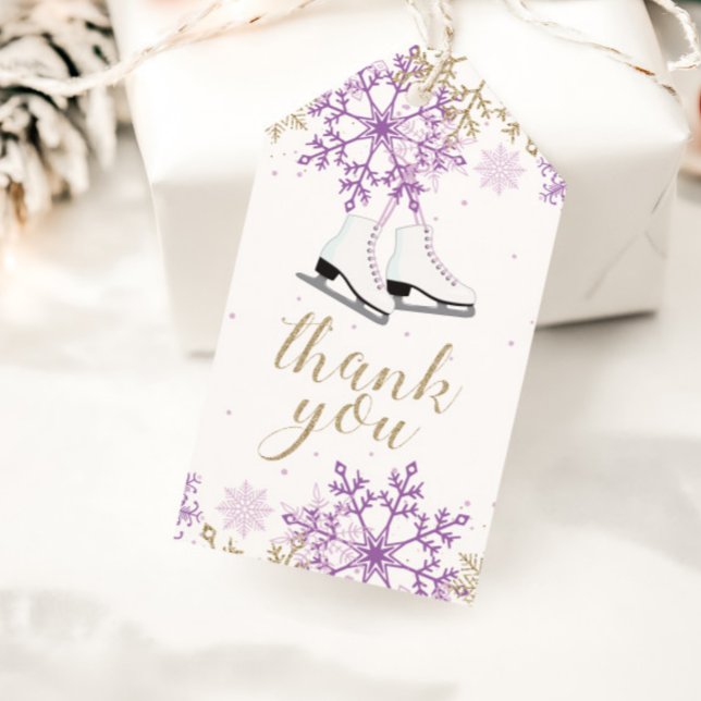 Ice Skating Birthday Lila och Guld Snowflake Presentetikett (Skapare uppladdad)