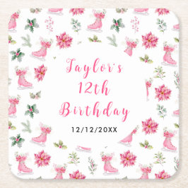 Ice Skating Birthday Party Pink Underlägg Papper Kvadrat