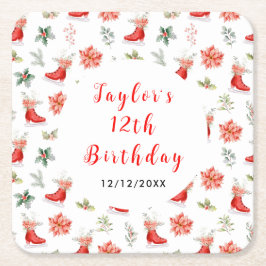 Ice Skating Birthday Party Red Underlägg Papper Kvadrat