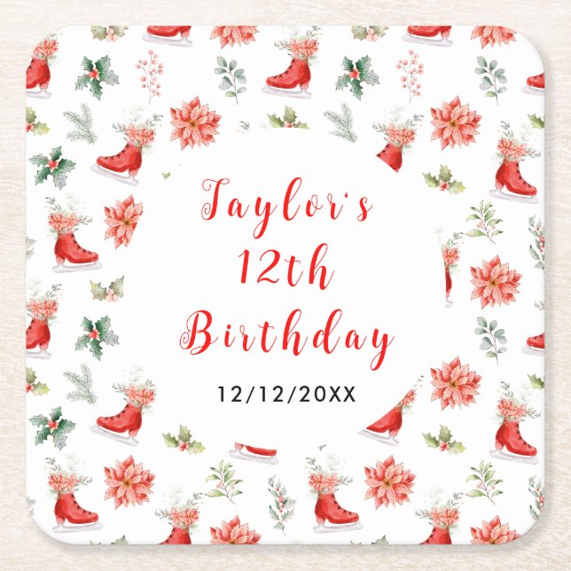 Ice Skating Birthday Party Red Underlägg Papper Kvadrat (Framsidan)