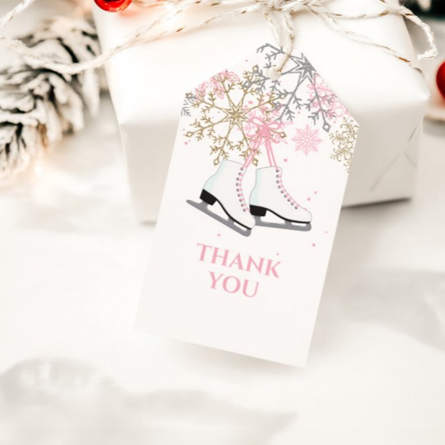 Ice Skating Birthday Rosa Guld Snöflingor Presentetikett (Skapare uppladdad)
