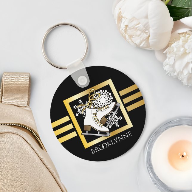 Ice Skating Black Guld Girly Modern Namn-mall Nyckelring (Skapare uppladdad)