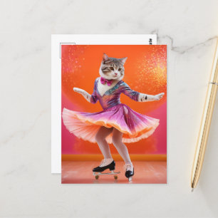 Ice Skating Cat i Rosa Vykort