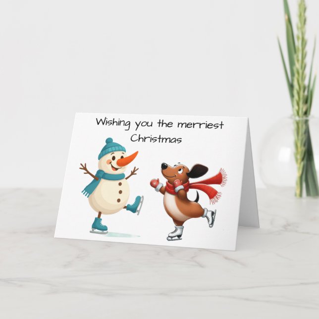 Ice Skating Dachshund Christmas Card Tack Kort (Framsida)