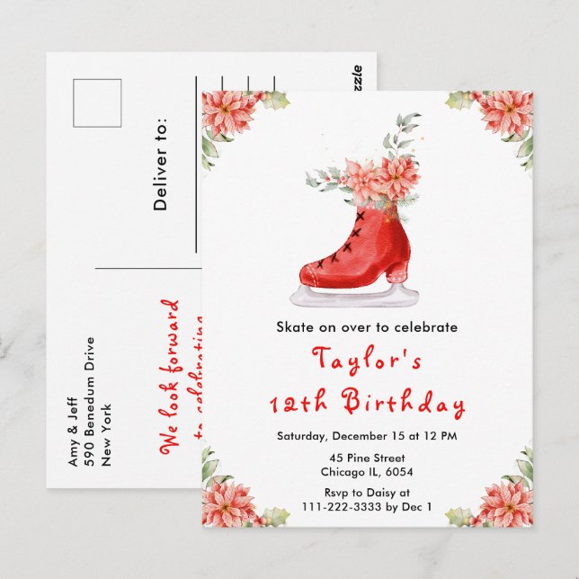 Ice Skating Födelsedagsfest Red Vykort (Fram/baksida)