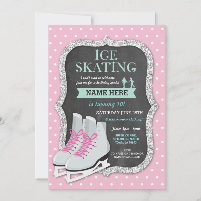 Ice Skating Födelsedagsfest Rosa Skate Inbjudan (Framsida)