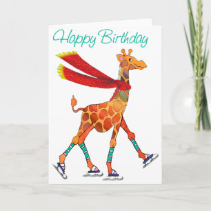 Ice Skating Giraffe with Scarf Birthday Kort