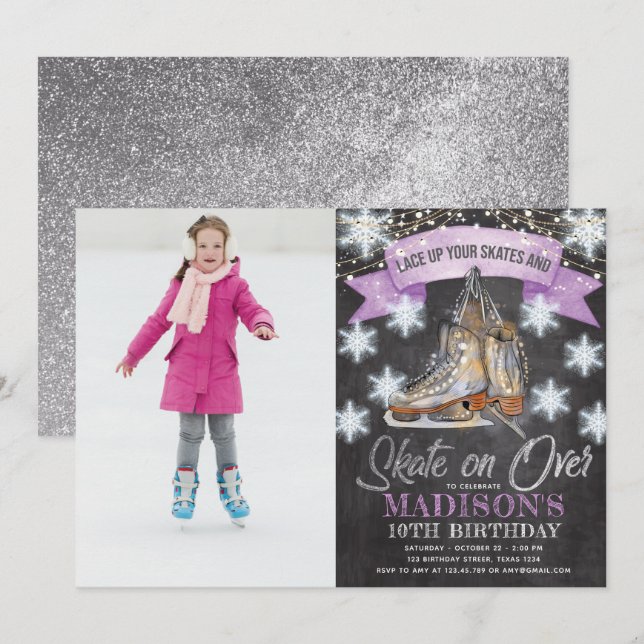 Ice Skating Girl Birthday Photo Personlig Inbjudningar (Fram/baksida)