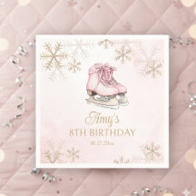 Ice Skating Girl Birthday Pink Bow Gold Snowflakes