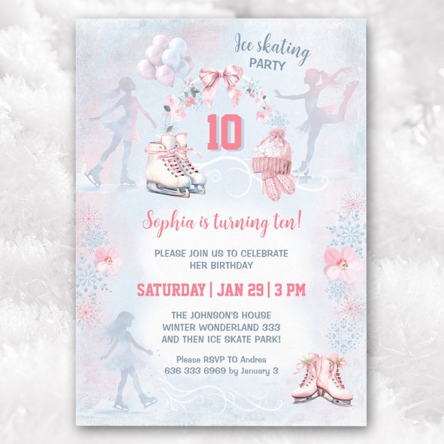 Ice Skating Party Rosa Blue Winter Girl Birthday Inbjudningar (Ice Skating Party Pink Blue Winter Girl Birthday Invitation)