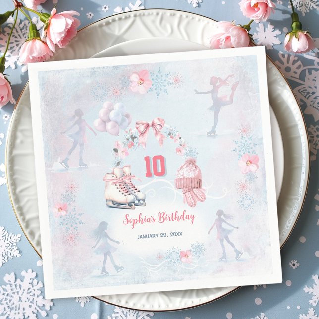Ice Skating Party Rosa Blue Winter Girl Birthday Pappersservett (Ice Skating Party Pink Blue Winter Girl Birthday Napkins)