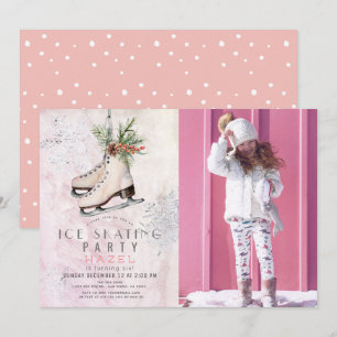 Ice Skating Party Snowflake Rosa Birthday Photo Inbjudningar