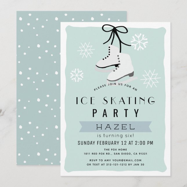 Ice Skating Party Winter Blue Retro Birthday Inbjudningar (Fram/baksida)